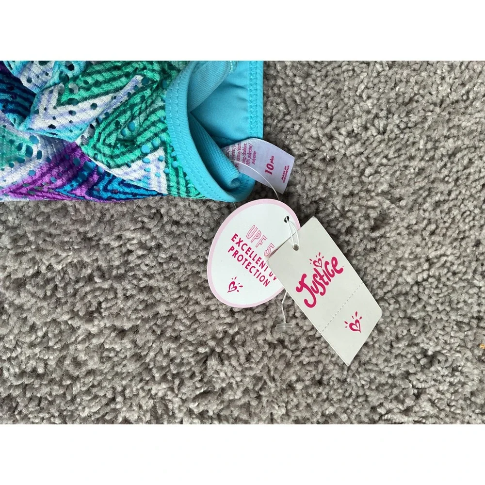 NWT Justice Girls Teal Purple Swimsuit Set UPF 50+ Size 10 Plus